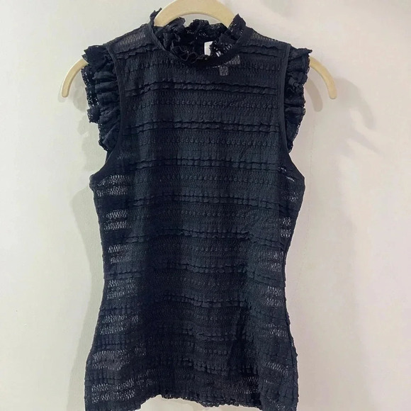 CINQ À SEPT lace Mock Neck Sleeveless Top tank blouse ruffles black high striped - Picture 1 of 5